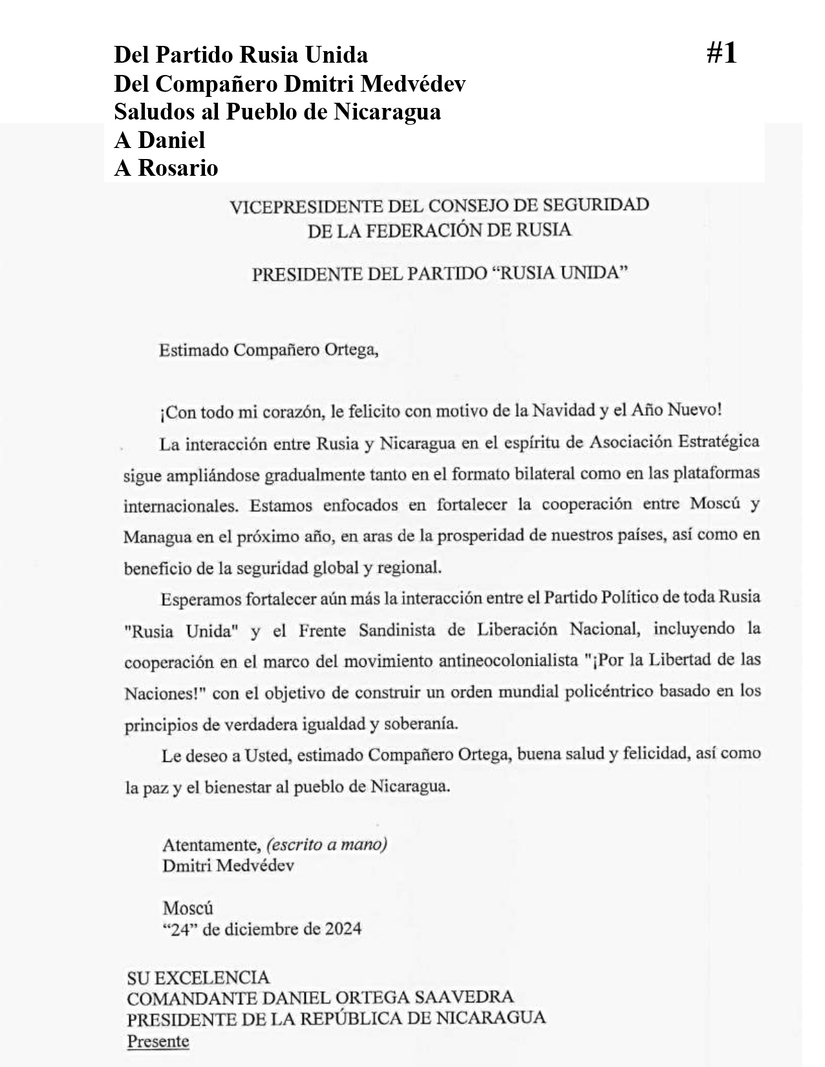 Carta de saludos de Navidad y Año Nuevo del Compañero Dmitri Medvédev al Pueblo de Nicaragua
