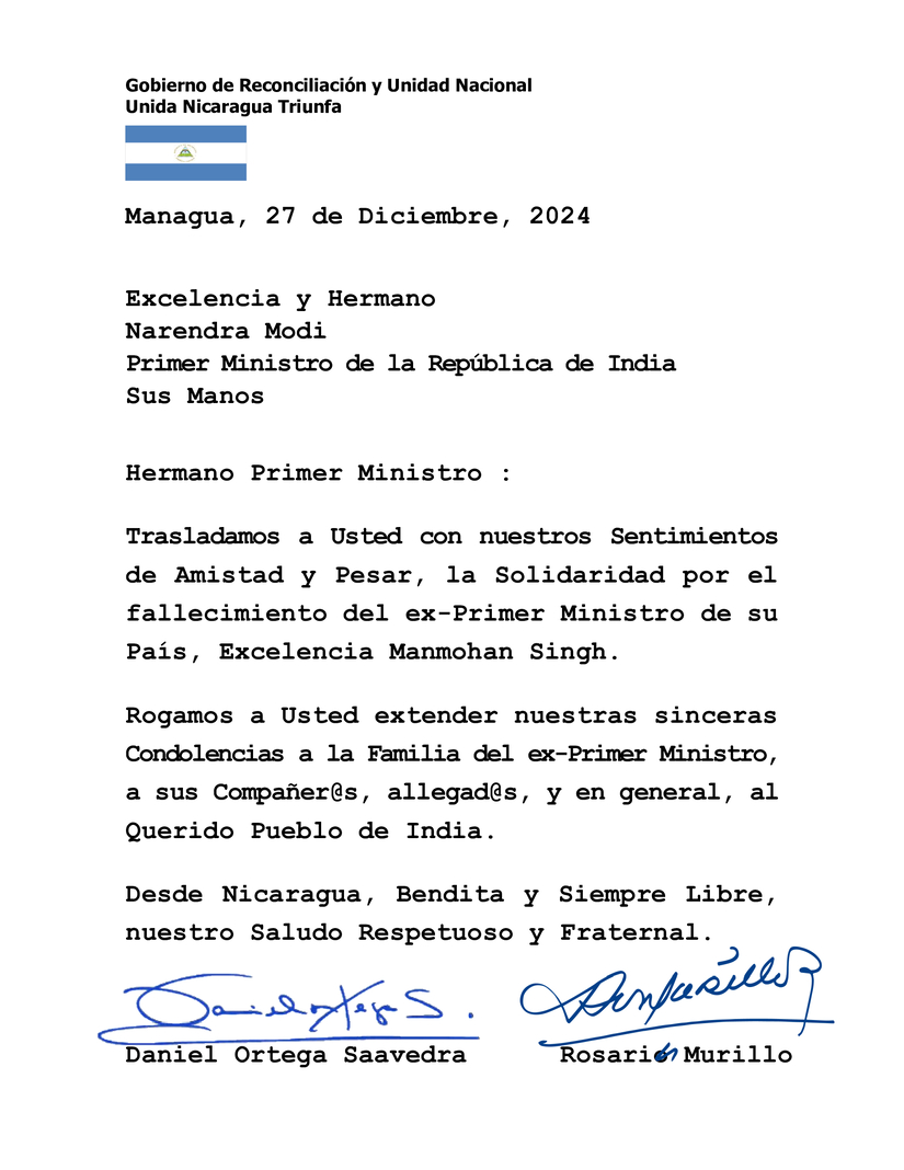 Narendra Modi, Primer Ministro de la República de India, por el fallecimiento del ex-Primer Ministro de su País
