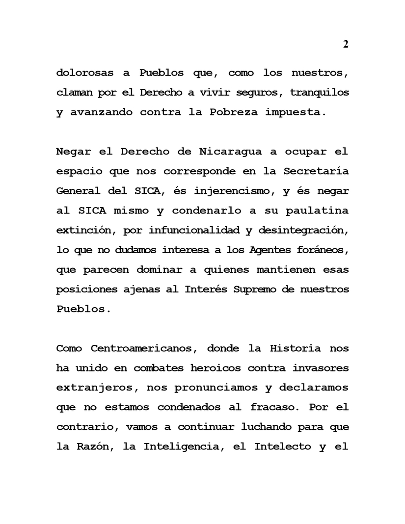 Carta del gobierno de Nicaragua