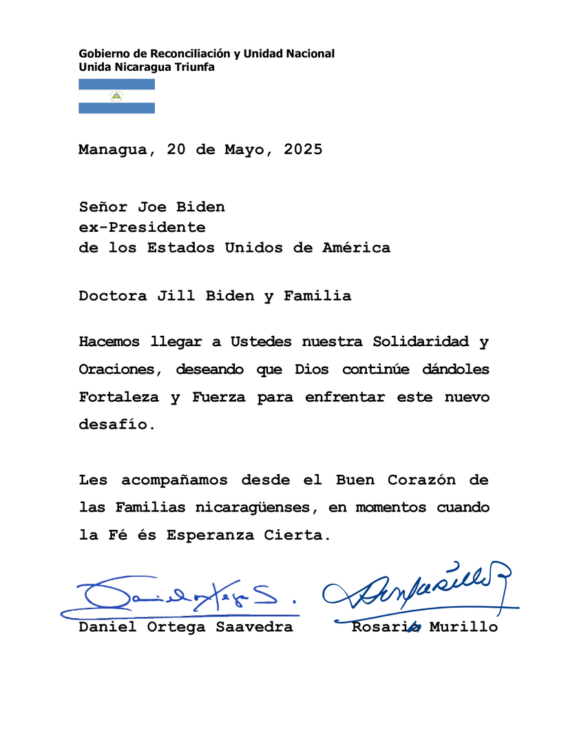 Mensaje de Solidaridad de Nicaragua al Señor Joe Biden, expresidente de los Estados Unidos de América