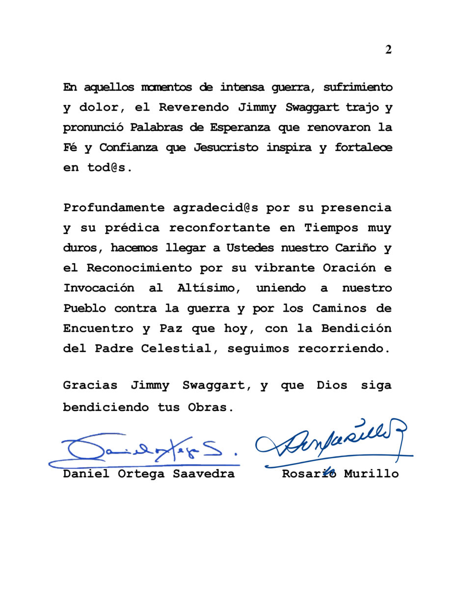 Mensaje de agradecimiento y reconocimiento al Reverendo Jimmy Swaggart 2