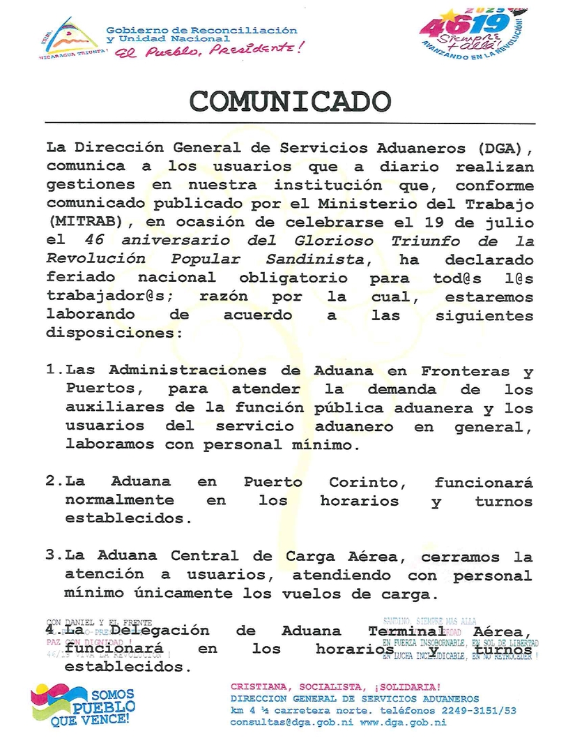 Dirección Aduaneros informa sobre operatividad del 19 de Julio