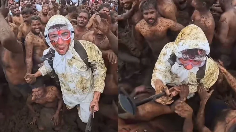 Disfrutan festival en la India lanzándose excremento de vaca