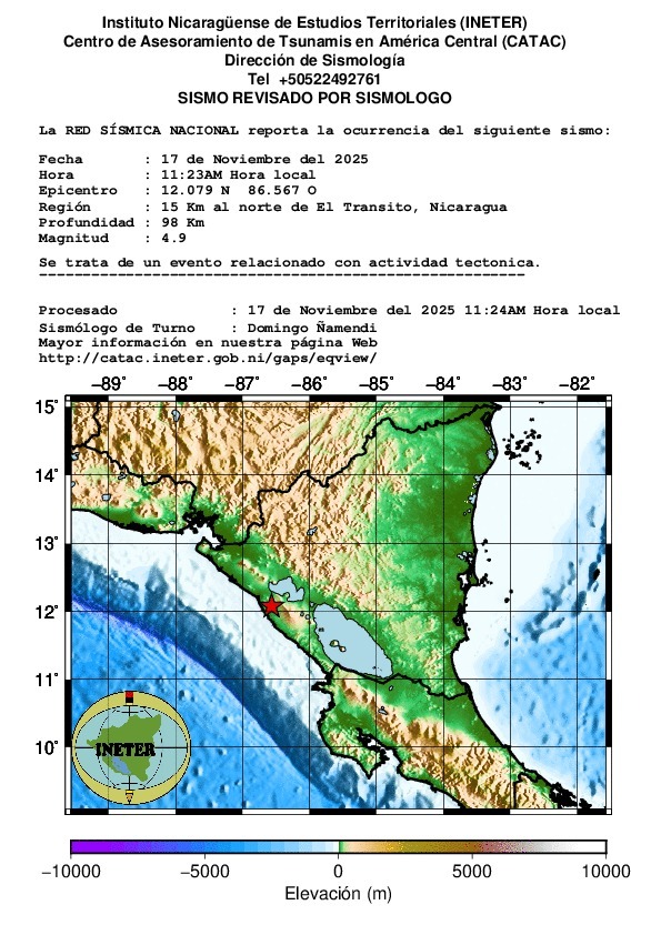 INETER registra sismo de 4.9 en la zona de El Transito