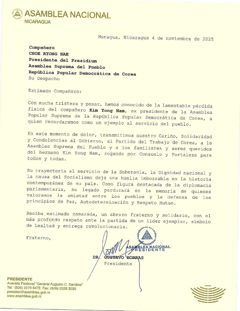 Mensaje de Condolencias y Solidaridad del doctor Gustavo Porras al Presidente de la Asamblea Suprema del Pueblo de la RPDC