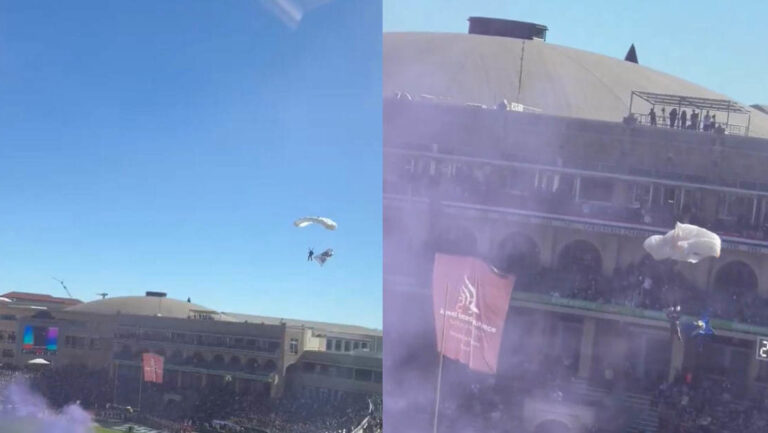 Paracaidista termina cayendo tras enredarse con cables en el Armed Forces Bowl