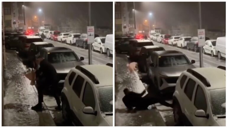 Repartidor de flores lucha contra el hielo y su caída se hace viral