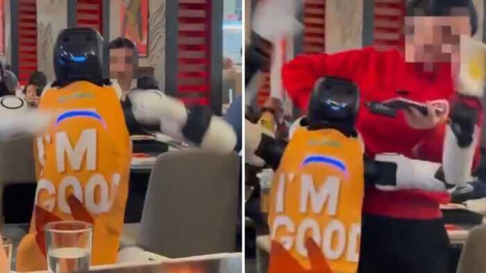 Robot mesero se descontrola y comienza a tirar golpes y a bailar