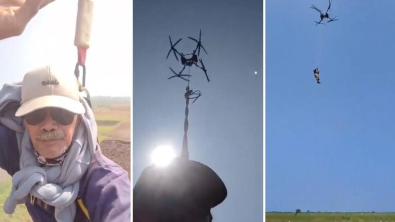 Agricultor sorprende al viajar colgado de un dron hasta sus cultivos