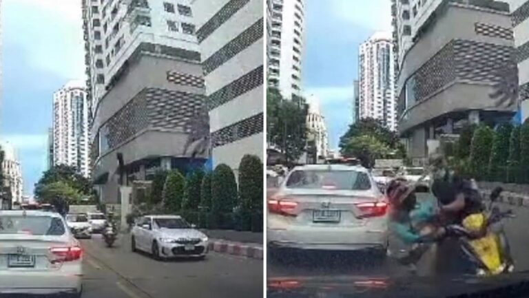 Un tendedero cayó de un edificio y terminó provocando un insólito accidente en Bangkok