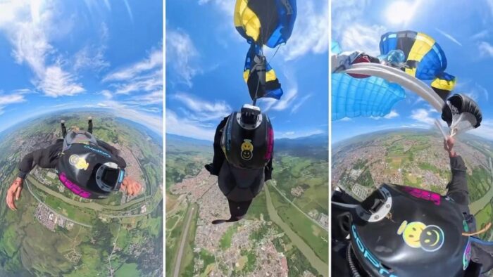 Paracaidista lucha en el aire para liberar su equipo enredado en el cuello