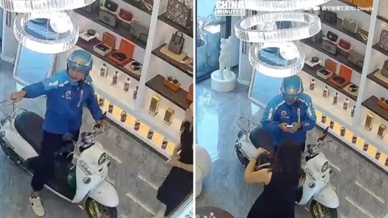 Repartidor entra en moto a tienda de lujo y compra un Chanel