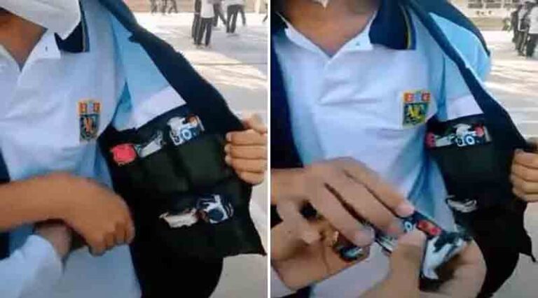 Niño convierte su uniforme escolar en tiendita móvil para solventar el gasto en su hogar