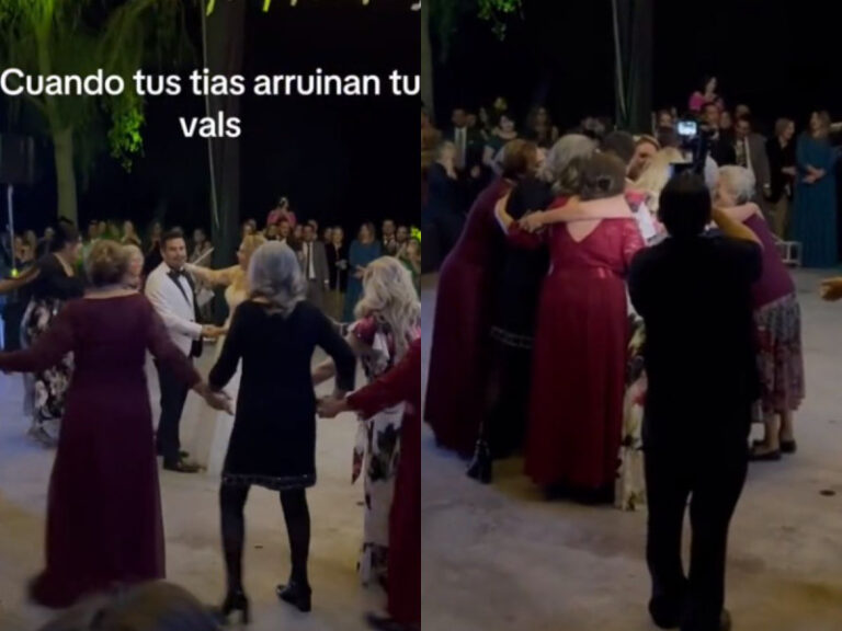 Tías interrumpen el romántico vals durante una boda