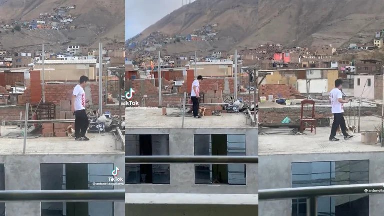 Joven pasea a su perrito en el techo de su casa