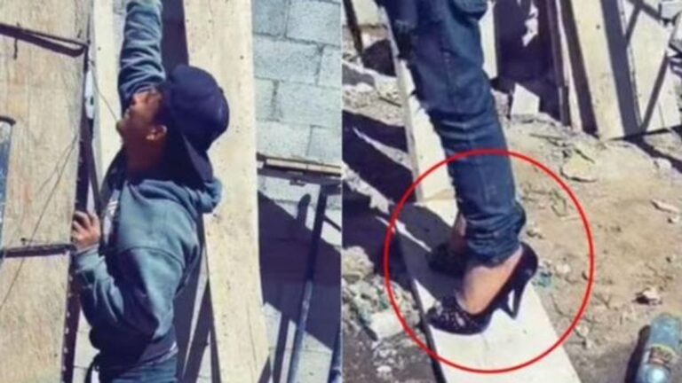 Albañil usa tacones para realizar su trabajo