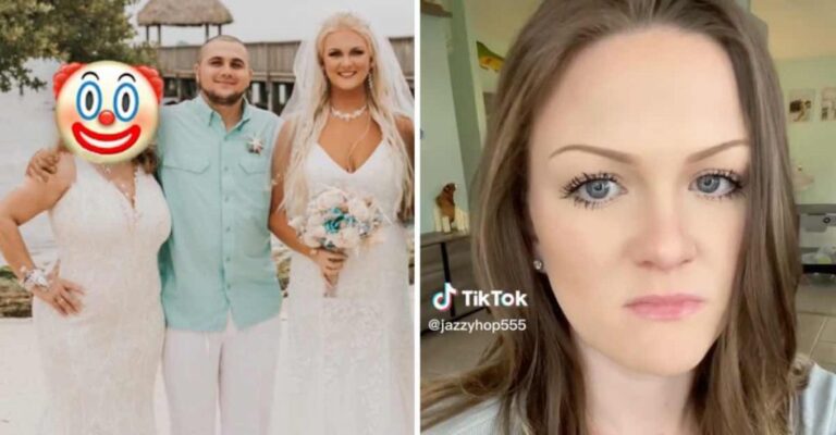Señora usa un vestido de novia en la boda de su hijo
