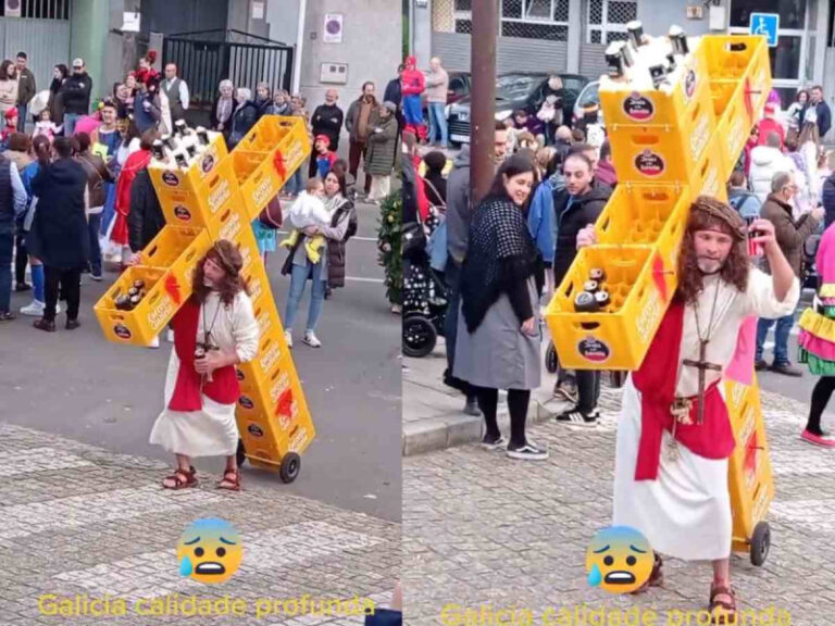 Se viste de Jesús y carga cruz hecha con cajas de cervezas