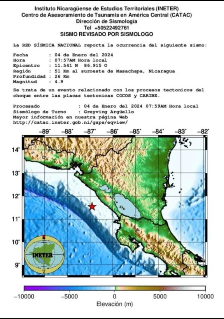 Se registra sismo de 4.9 en Nicaragua