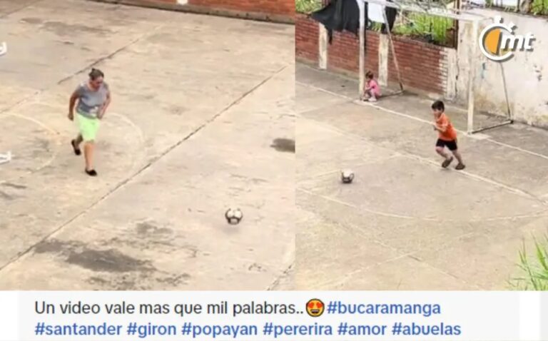 Abuelita colombiana juega futbol con su nieto