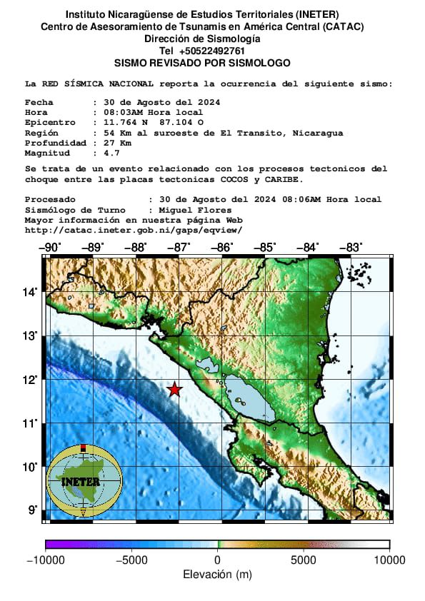 INETER reportó un sismo de magnitud 4.7 al suroeste de El Transito.