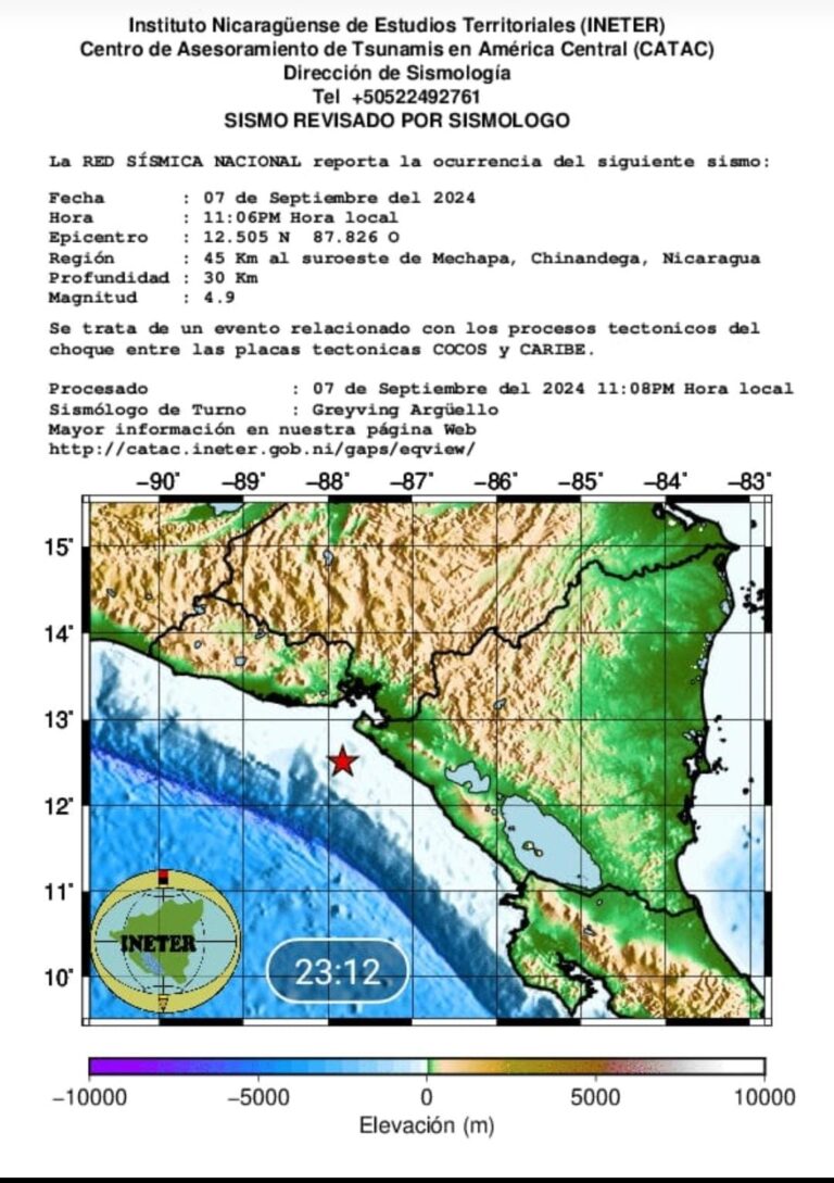 Reportan sismo de 4.9 de magnitud en Chinandega