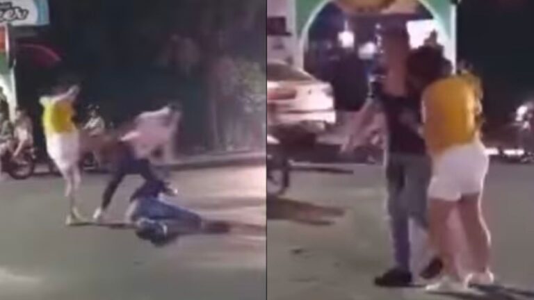 Golpean a su esposo y ella responde con una patada voladora